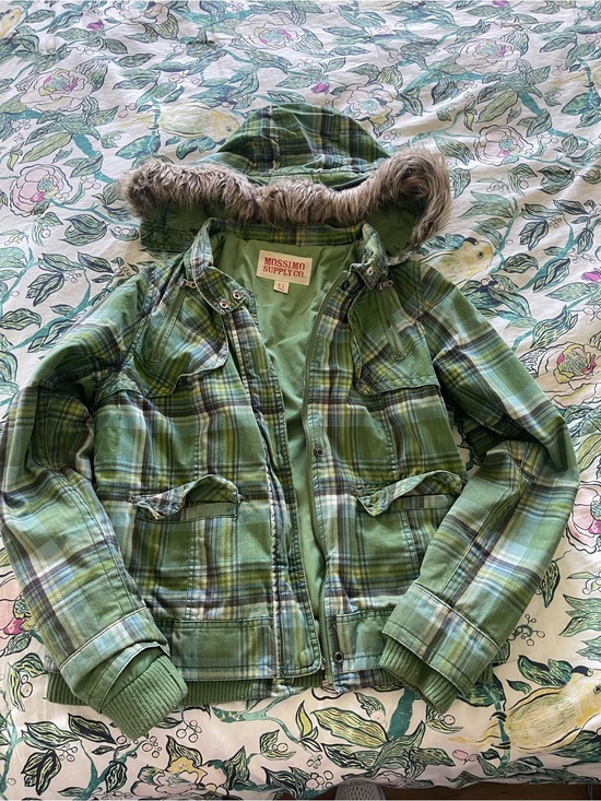 Mossimo Supply Co. Jackets & Blazers - Vintage Y2k Mossimo Supply Co. Green Plaid Hooded Puffer Jacket with Faux Fur L